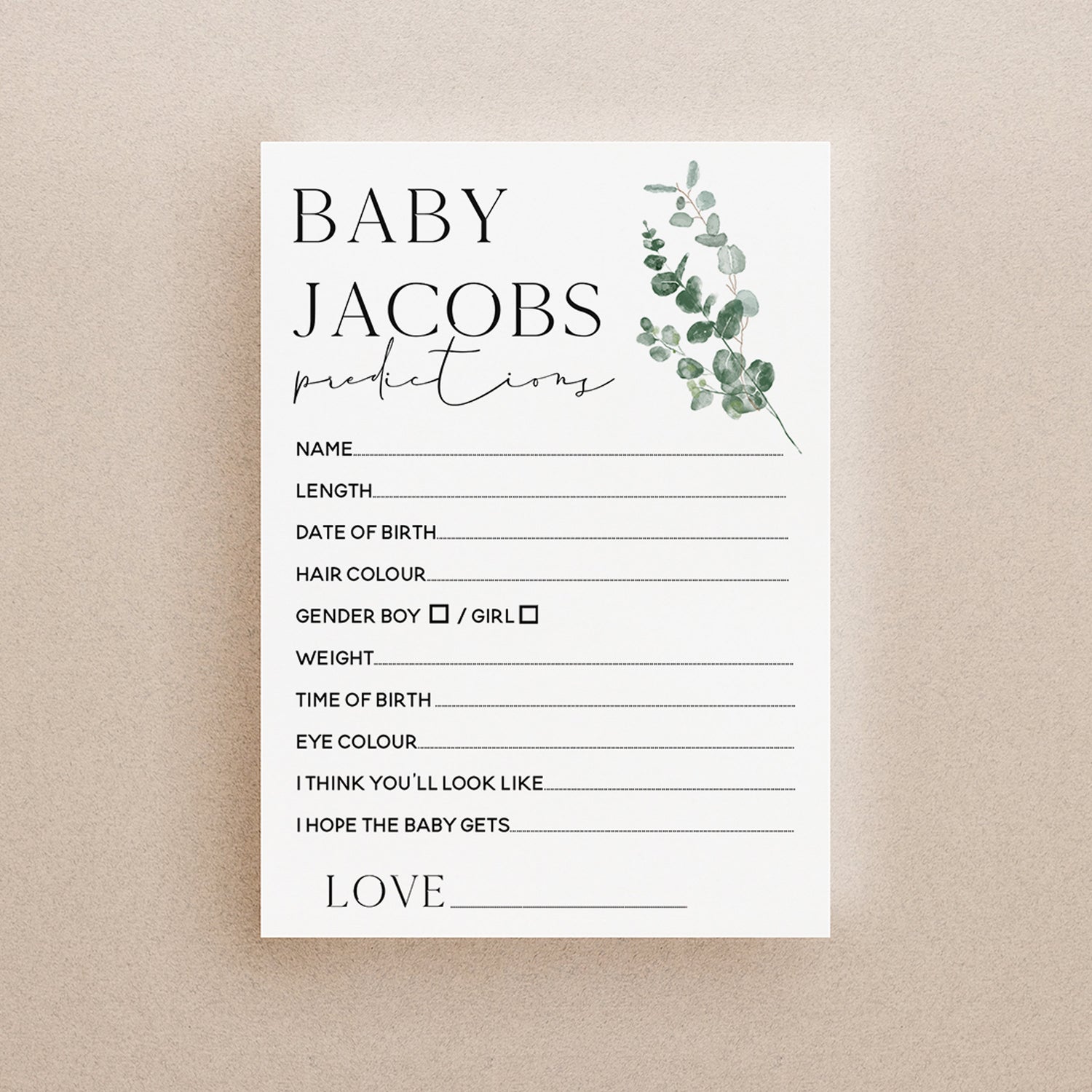 Botanical Baby Shower Games-Baby Prediction Cards-Personalised Baby Shower Games-Custom Prediction- Sage Theme-Gender Neutral -New Mum Baby