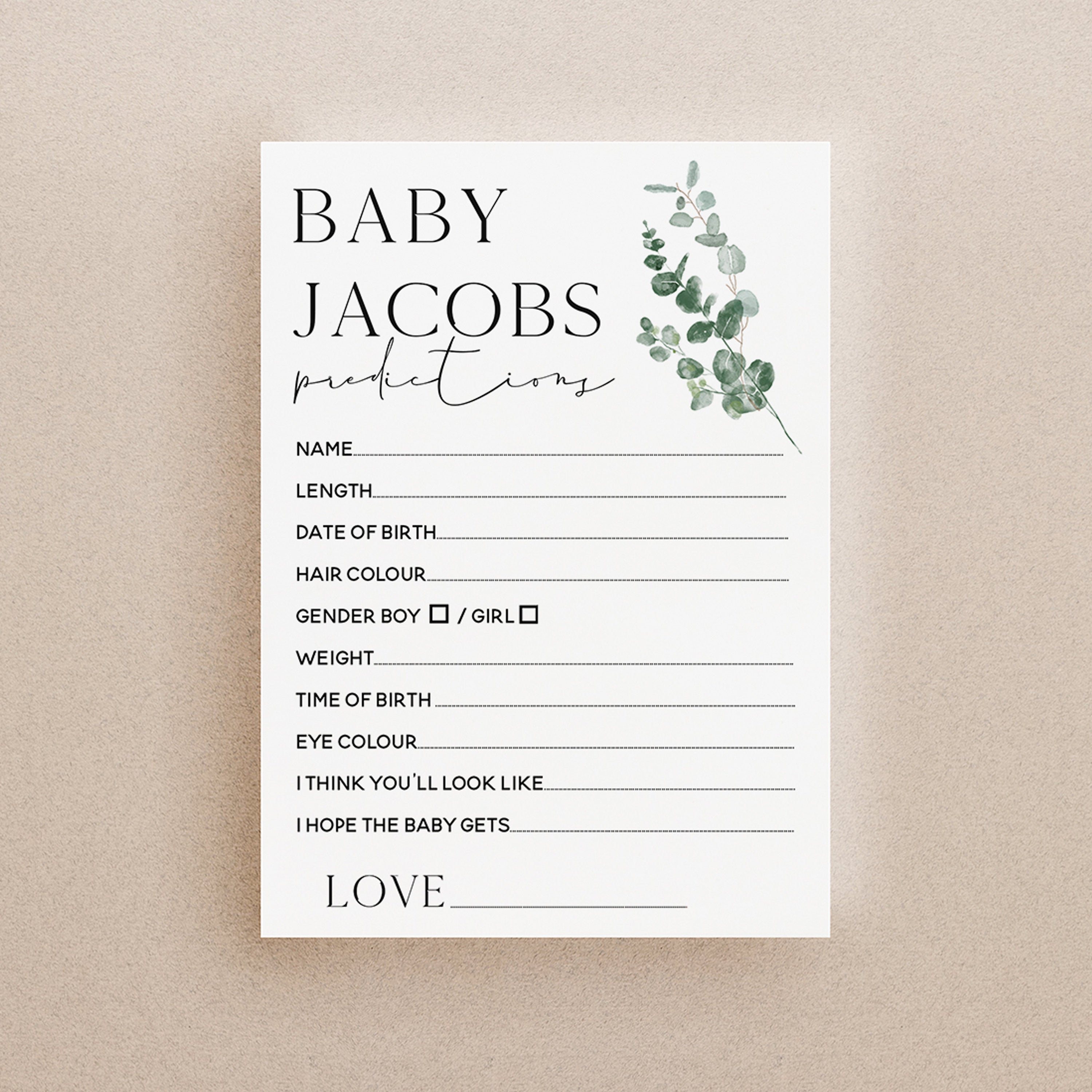 Botanical Baby Shower Games-Baby Prediction Cards-Personalised Baby Shower Games-Custom Prediction- Sage Theme-Gender Neutral -New Mum Baby