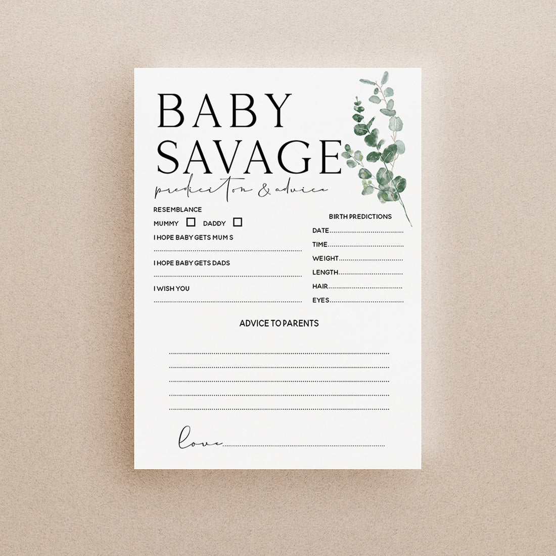 Botanical Baby Shower Games-Baby Prediction Advice Cards-Personalised Baby Shower Games-Custom Game- Sage Theme-Gender Neutral -New Mum Baby