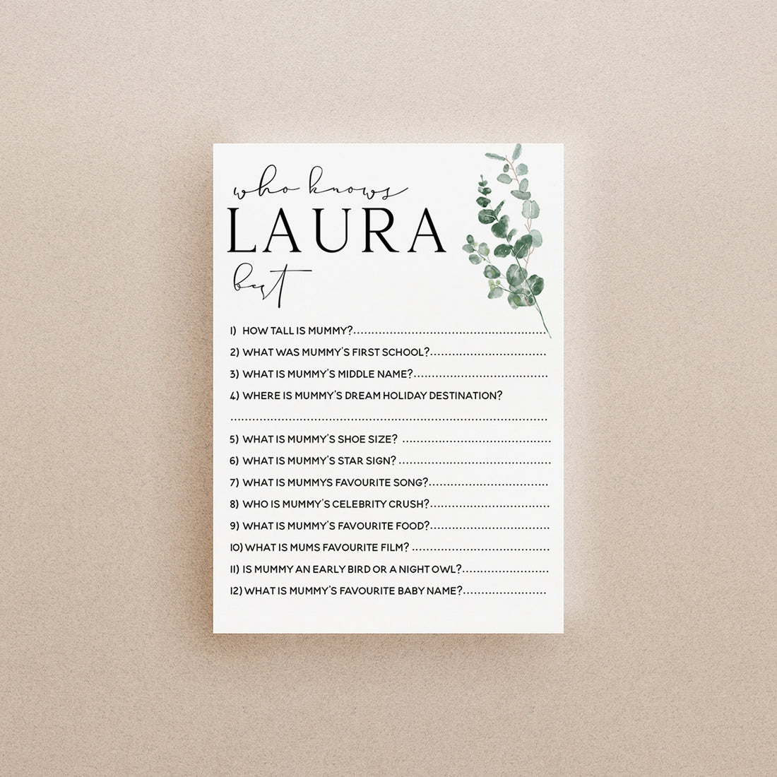 Botanical Baby Shower Games- Who Knows Mummy Best Game -Personalised Baby Shower Games-Custom Games Sage Theme-Gender Neutral -New Mum Baby