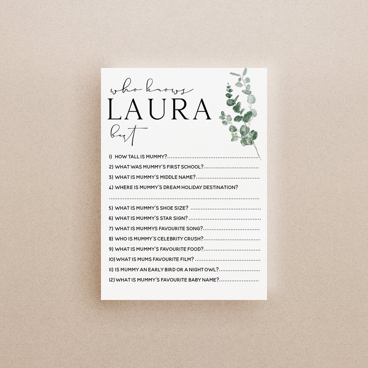 Botanical Baby Shower Games- Who Knows Mummy Best Game -Personalised Baby Shower Games-Custom Games Sage Theme-Gender Neutral -New Mum Baby
