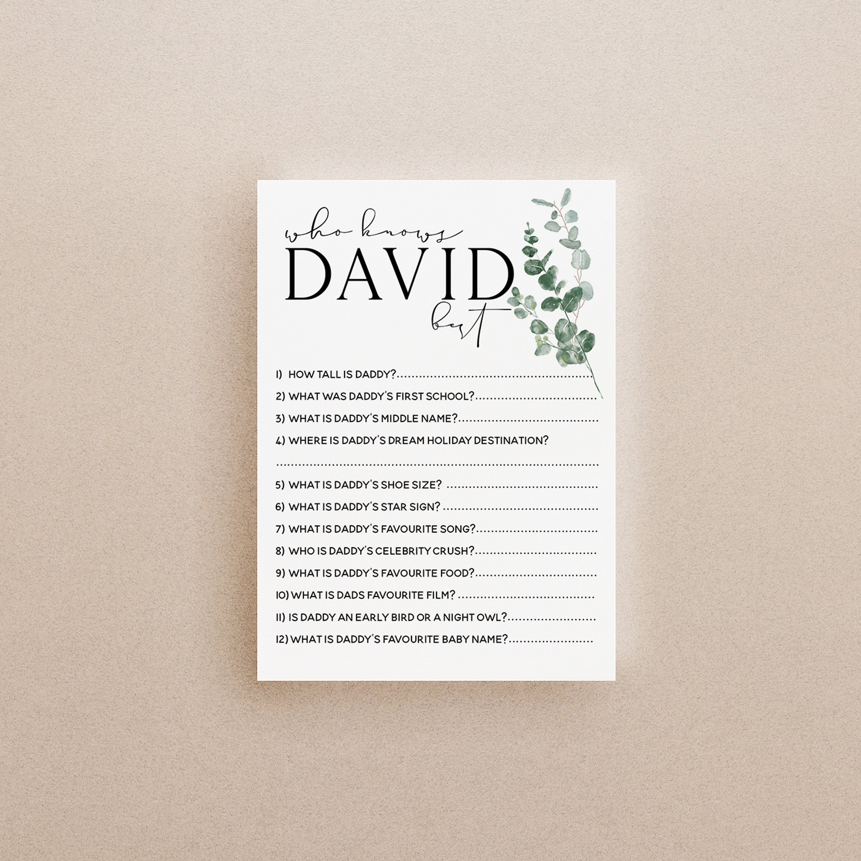Botanical Baby Shower Games- Who Knows Daddy Best Game -Personalised Baby Shower Games-Custom Games Sage Theme-Gender Neutral -New Mum Baby