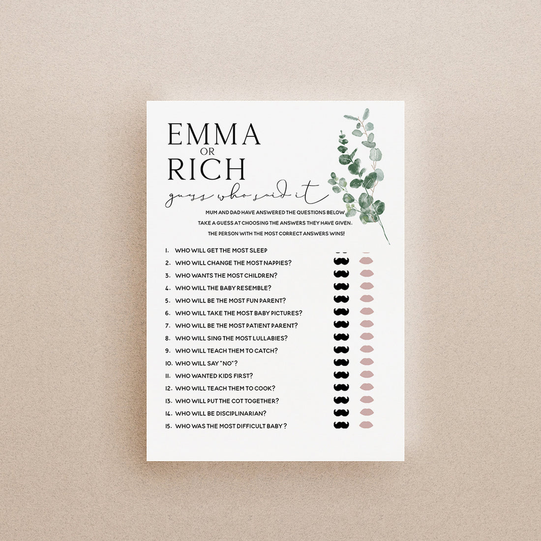 Botanical Baby Shower Games- Who Said It Game -Personalised Baby Shower Games-Custom Games Sage Theme-Gender Neutral -New Mum Baby
