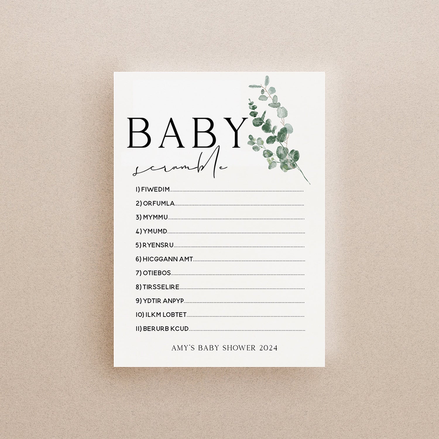 Botanical Baby Shower Games-  Word Scramble Game -Personalised Baby Shower Games-Custom Games Sage Theme-Gender Neutral -New Mum Baby