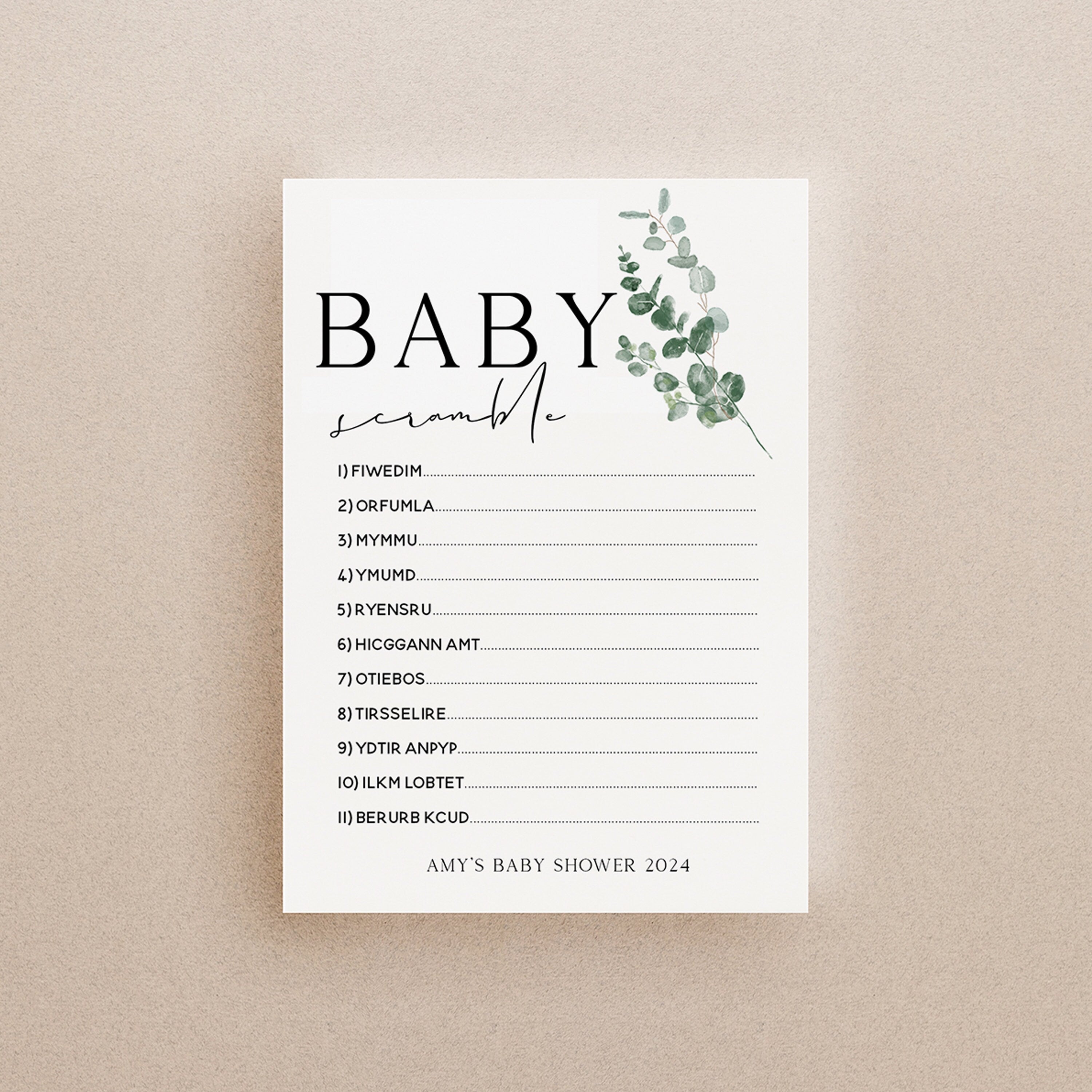 Botanical Baby Shower Games-  Word Scramble Game -Personalised Baby Shower Games-Custom Games Sage Theme-Gender Neutral -New Mum Baby
