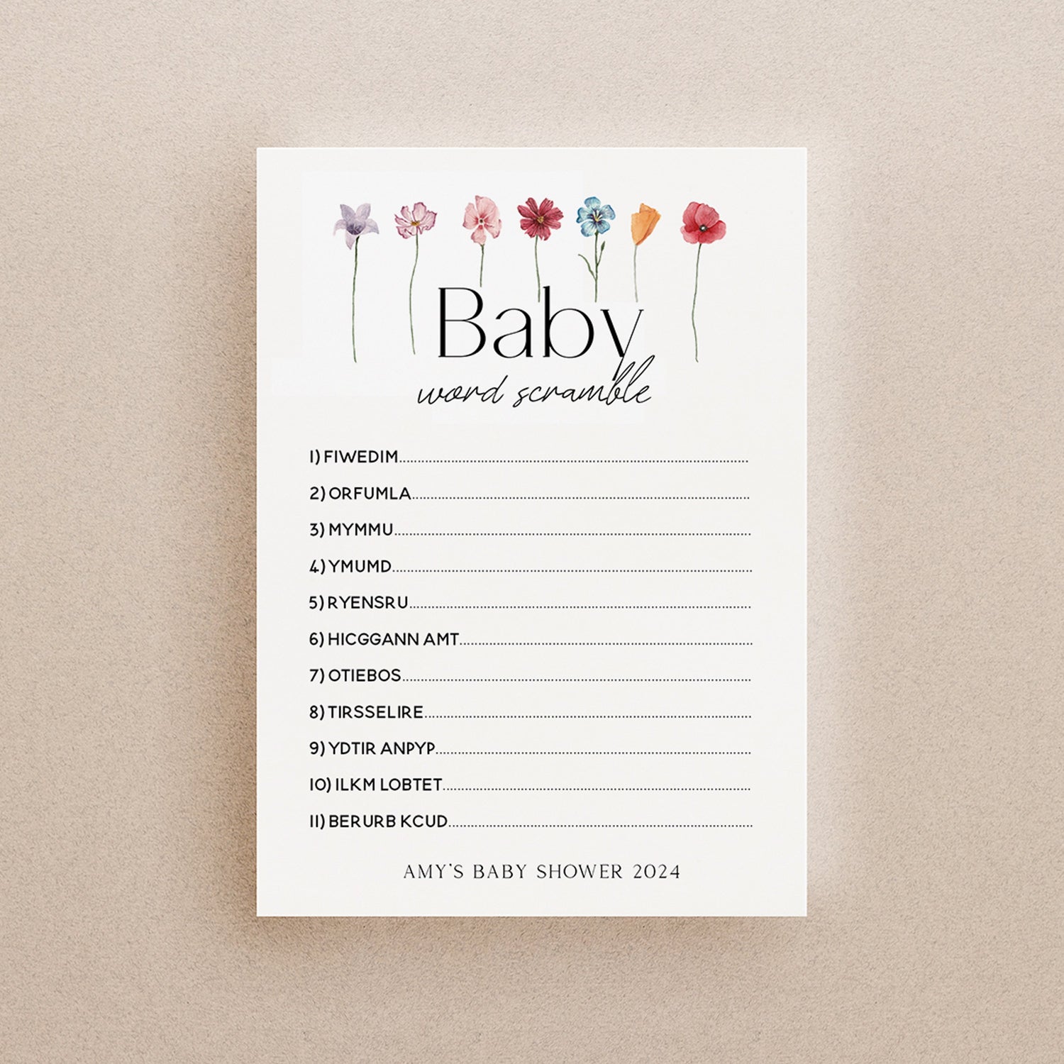 Personalised Minimal Flower Floral Theme Baby Shower Word Scramble Cards