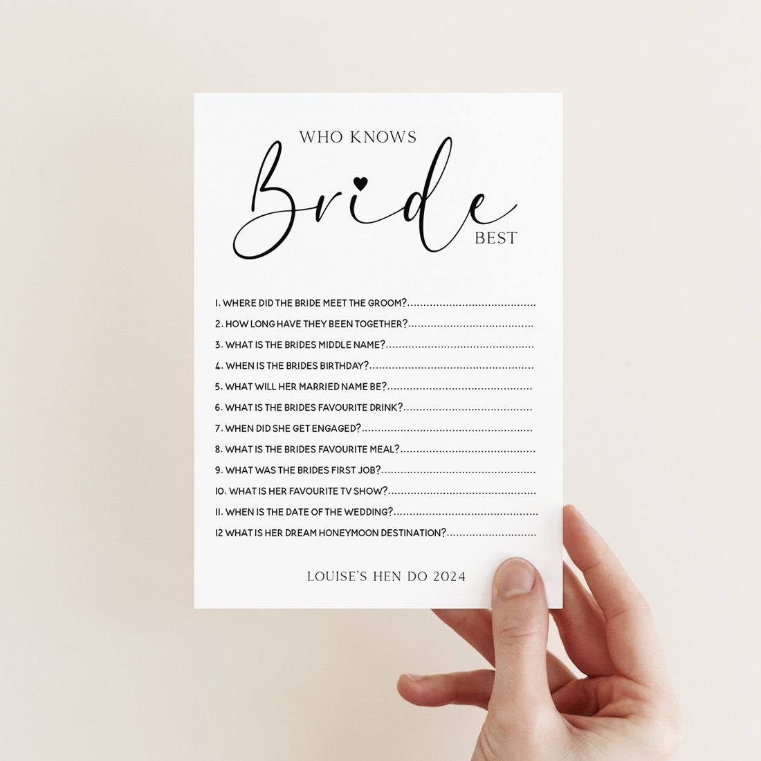 Personalised Black Script Who Knows Bride Best Game Cards