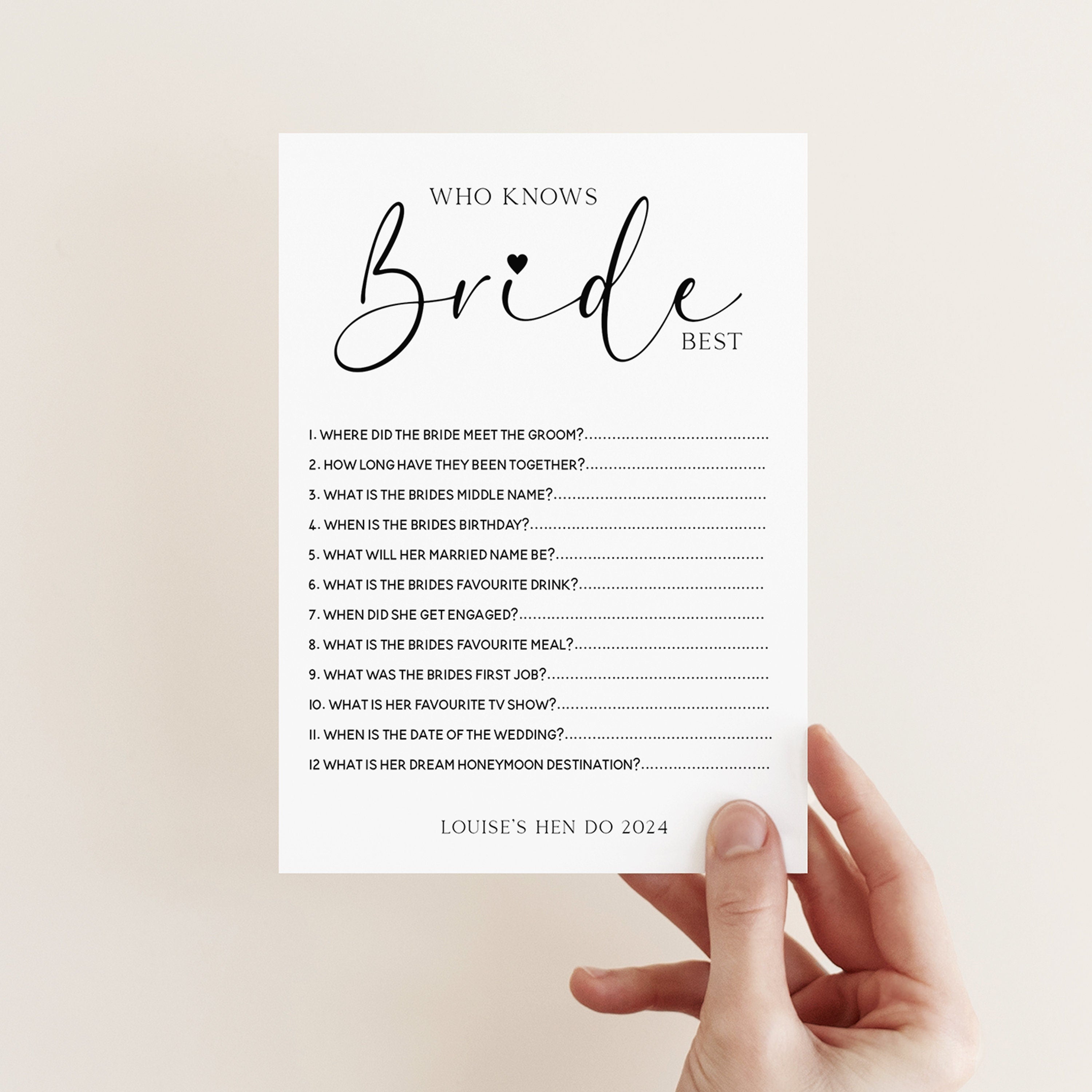 Personalised Black Script Who Knows Bride Best Game Cards