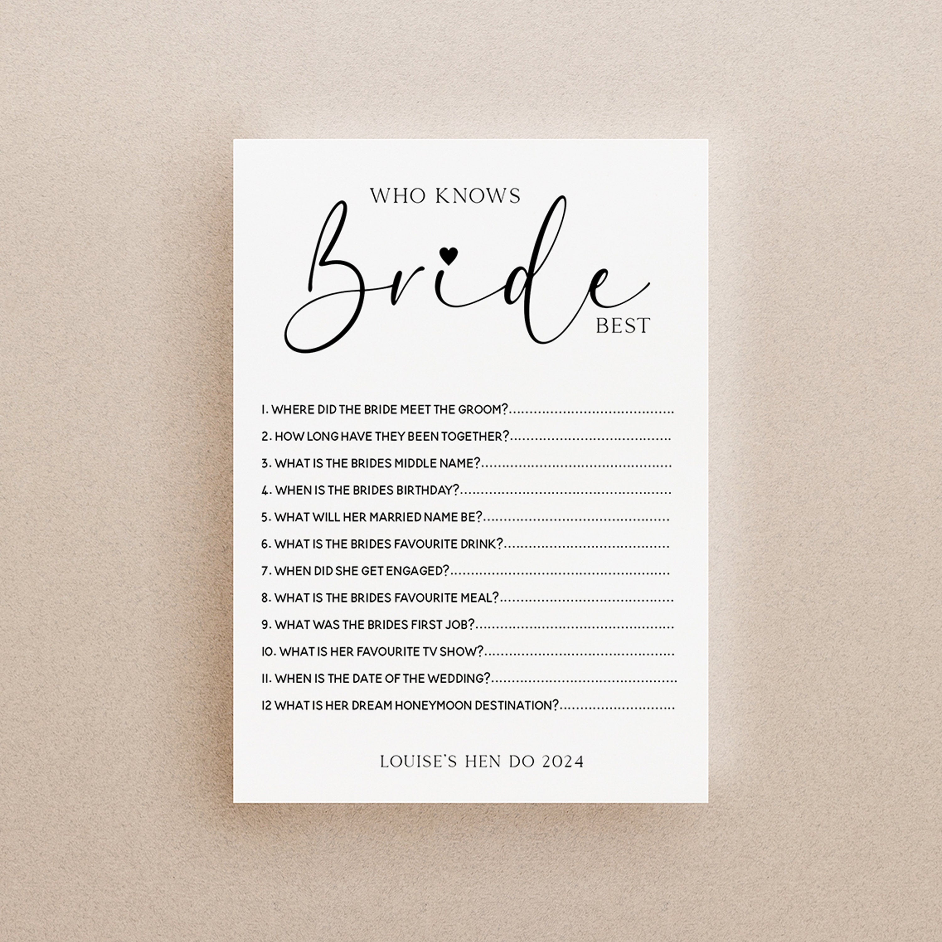 Personalised Black Script Who Knows Bride Best Game Cards