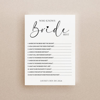 Personalised Black Script Who Knows Bride Best Game Cards