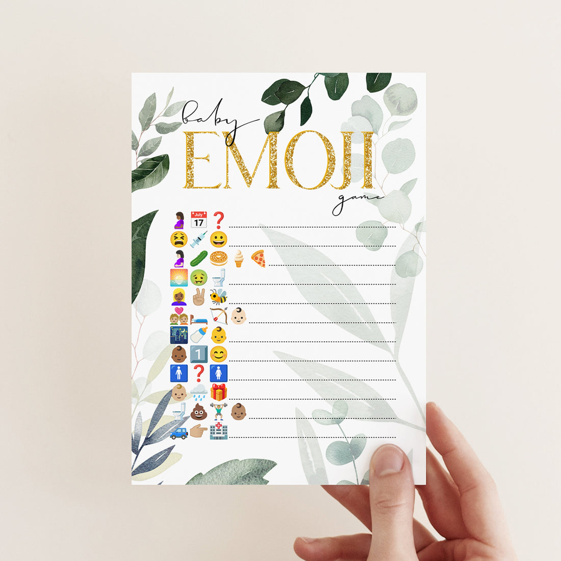 Baby Shower Botanical Leaf Emoji Picture Game Cards