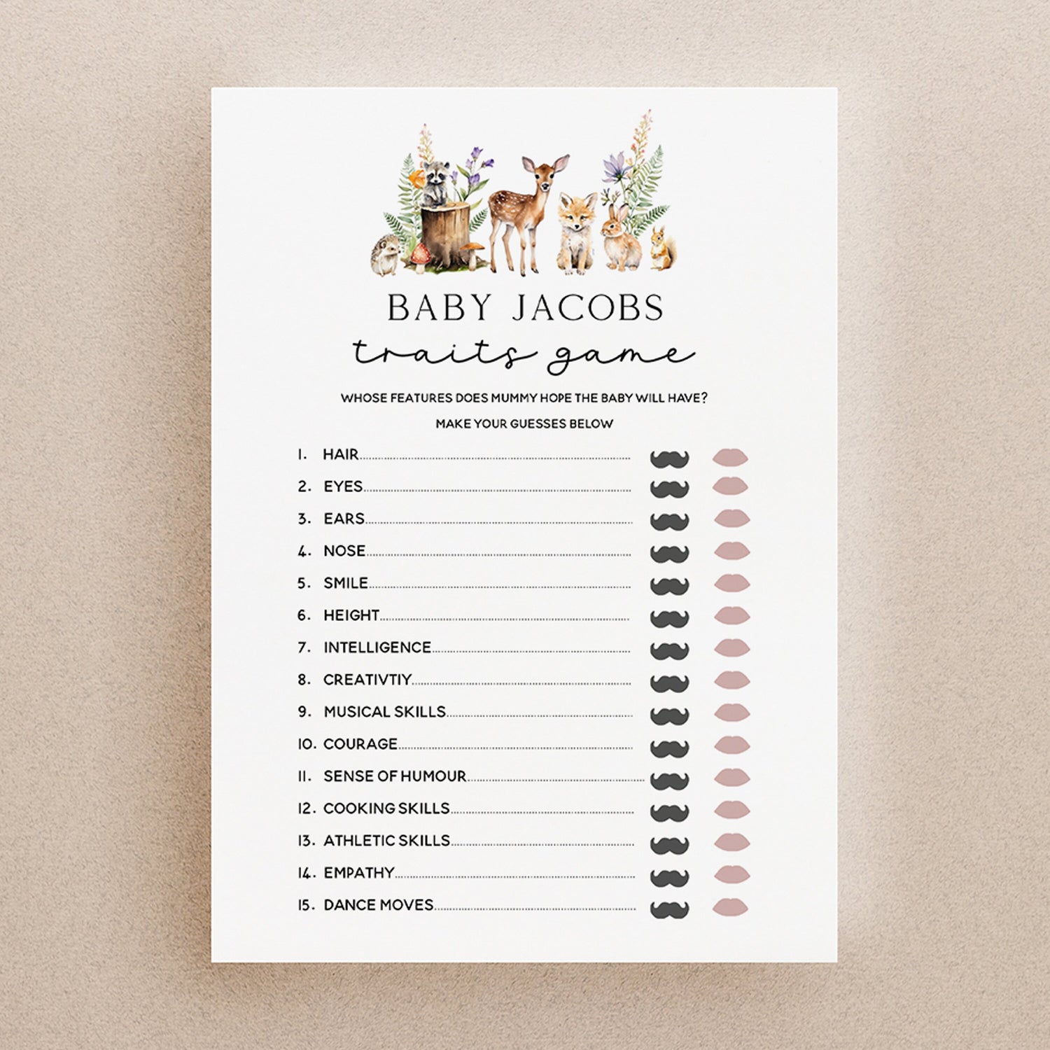 Personalised Baby Shower Baby Traits Game Cards