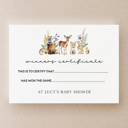 Personalised Baby Shower Woodland Winners Certificate Cards