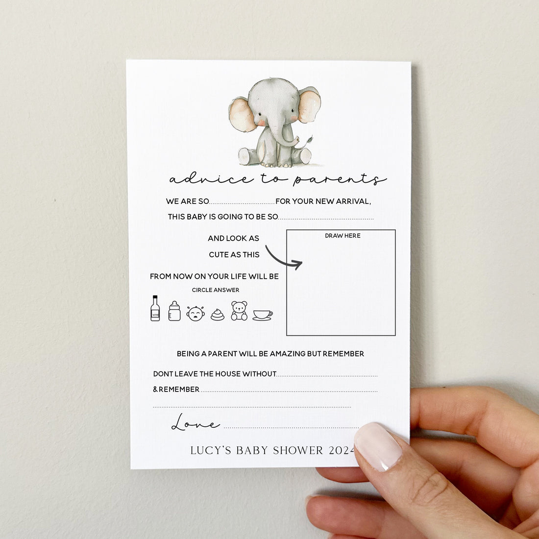 Elephant Baby Shower Games- Baby Advice To Parents Cards -Personalised Baby Shower Games- Baby Advice -Gender Neutral-New Mum Baby Gift