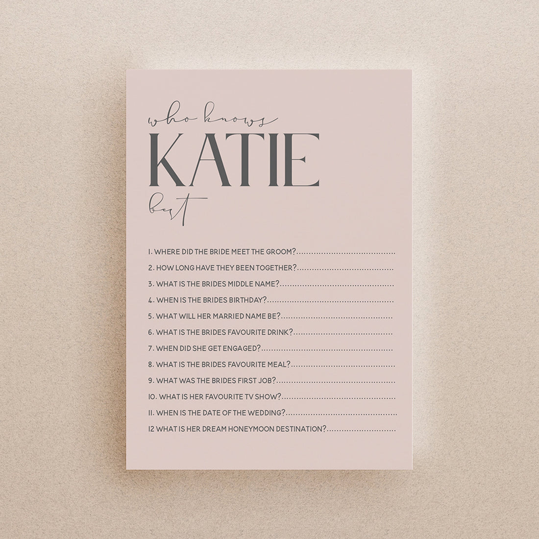 Blush Pink Card Personalised Who Knows The Bride Game Cards