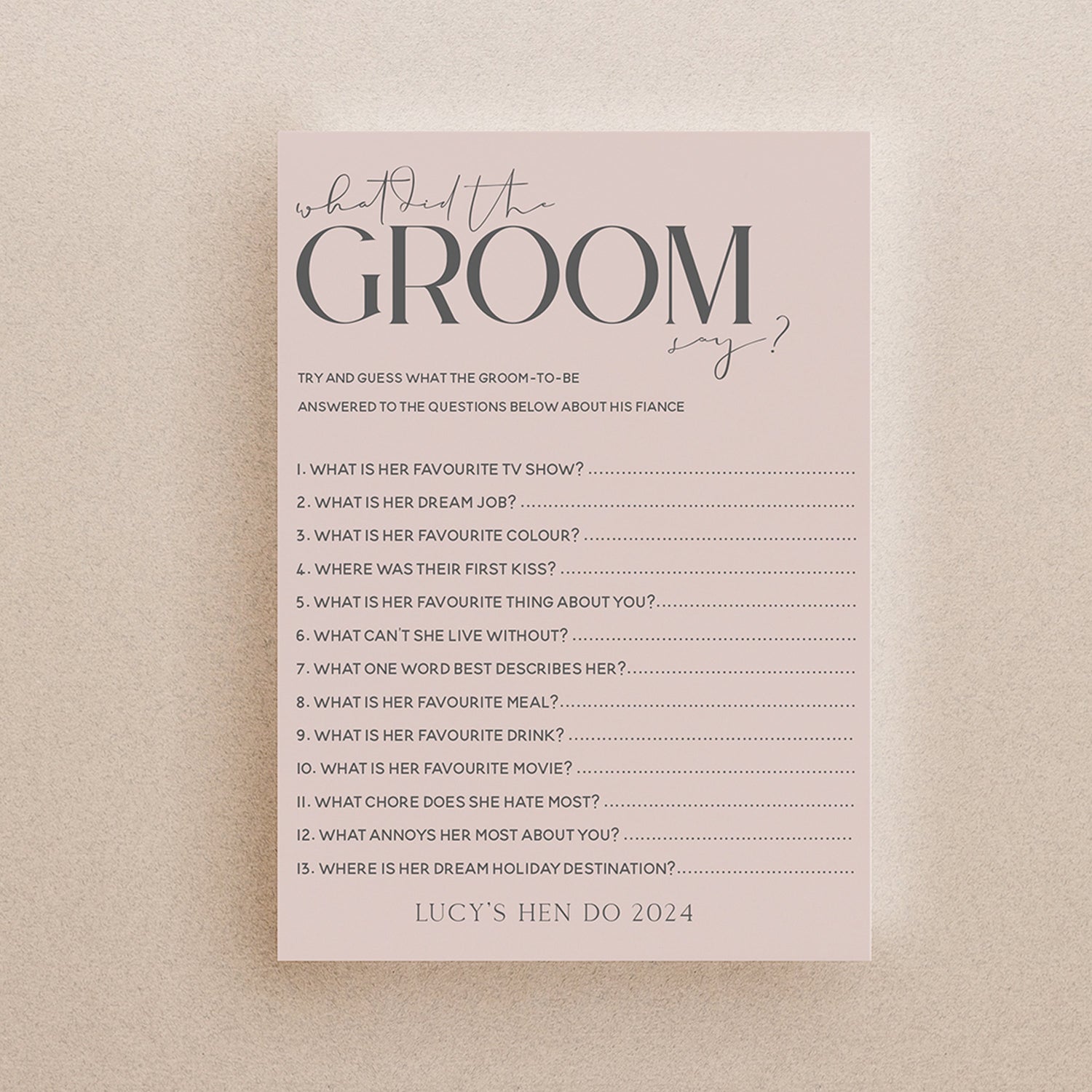 BLush Pink Card What Did The Groom Say Cards Personalised Game