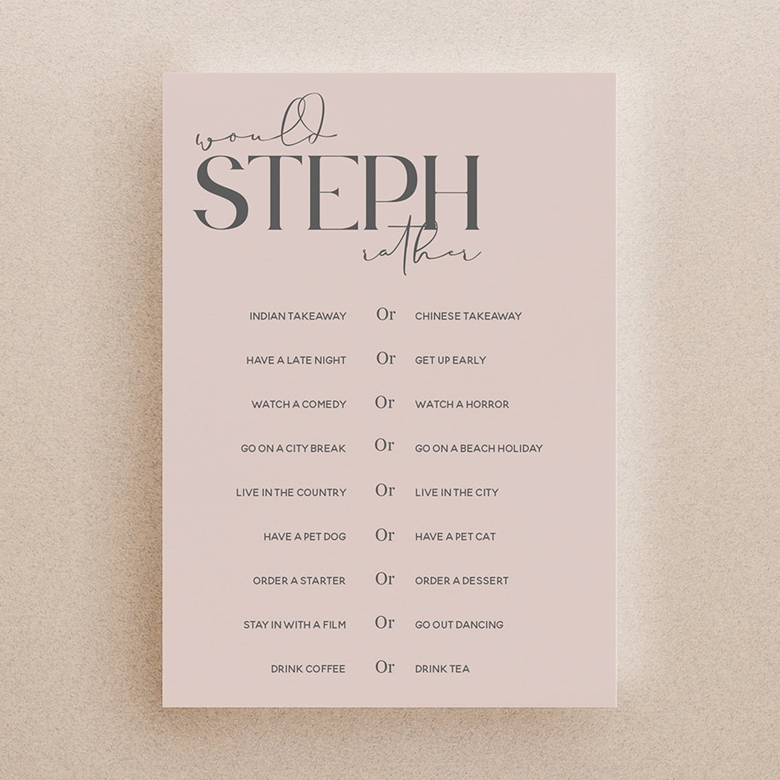 BLush Pink Card Personalised Would She Rather Game