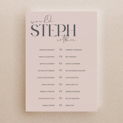 Personalised Would She Rather Game Cards-Hen Party Games-Hen Party Accessories Keepsake Gift- Hen Party Gift-Bride To Be- Blush Pink Design