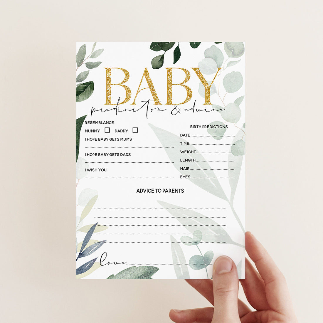 Baby Shower Botanical Leaf Prediction/Advice Cards