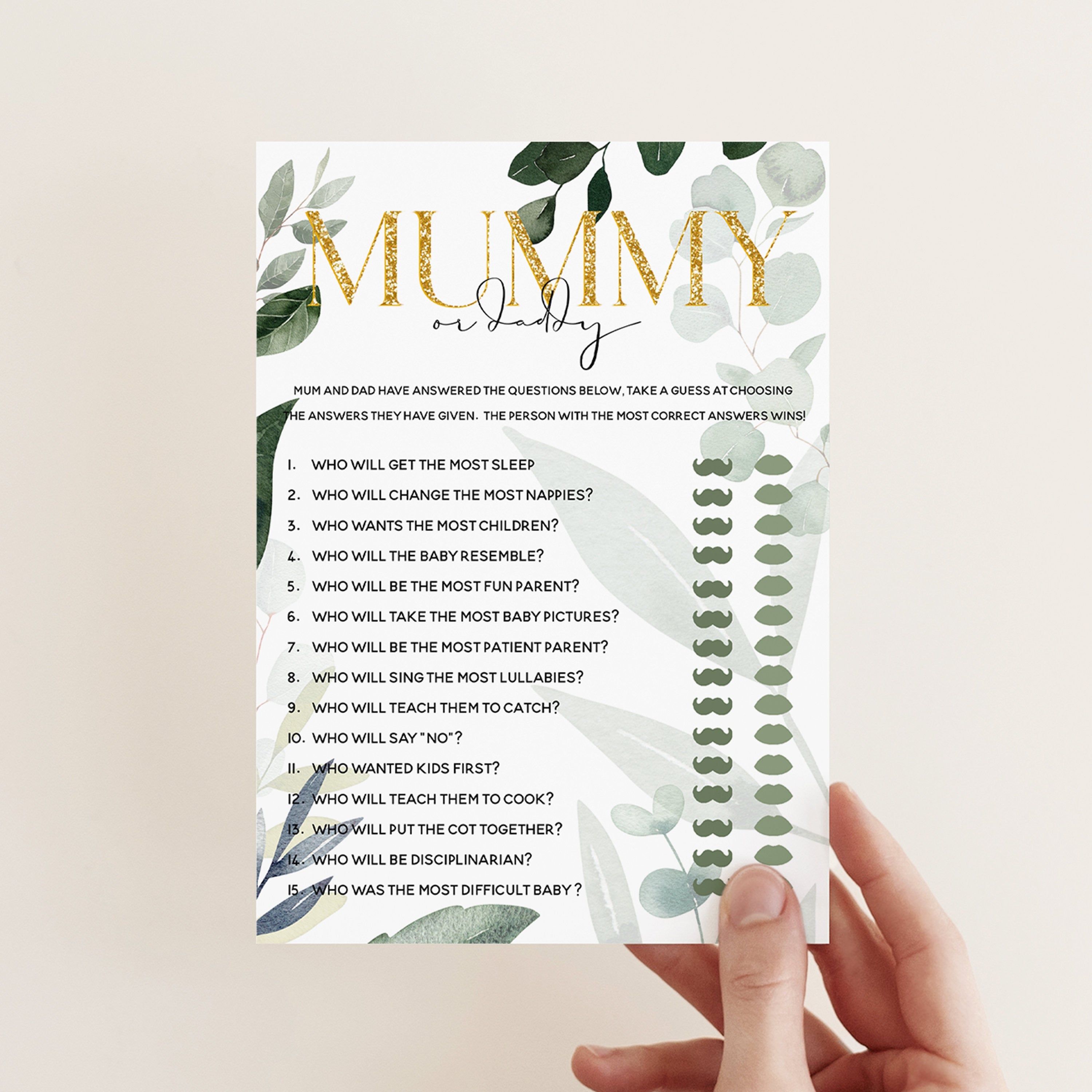 Baby Shower Botanical Leaf Mummy or Daddy Game Cards