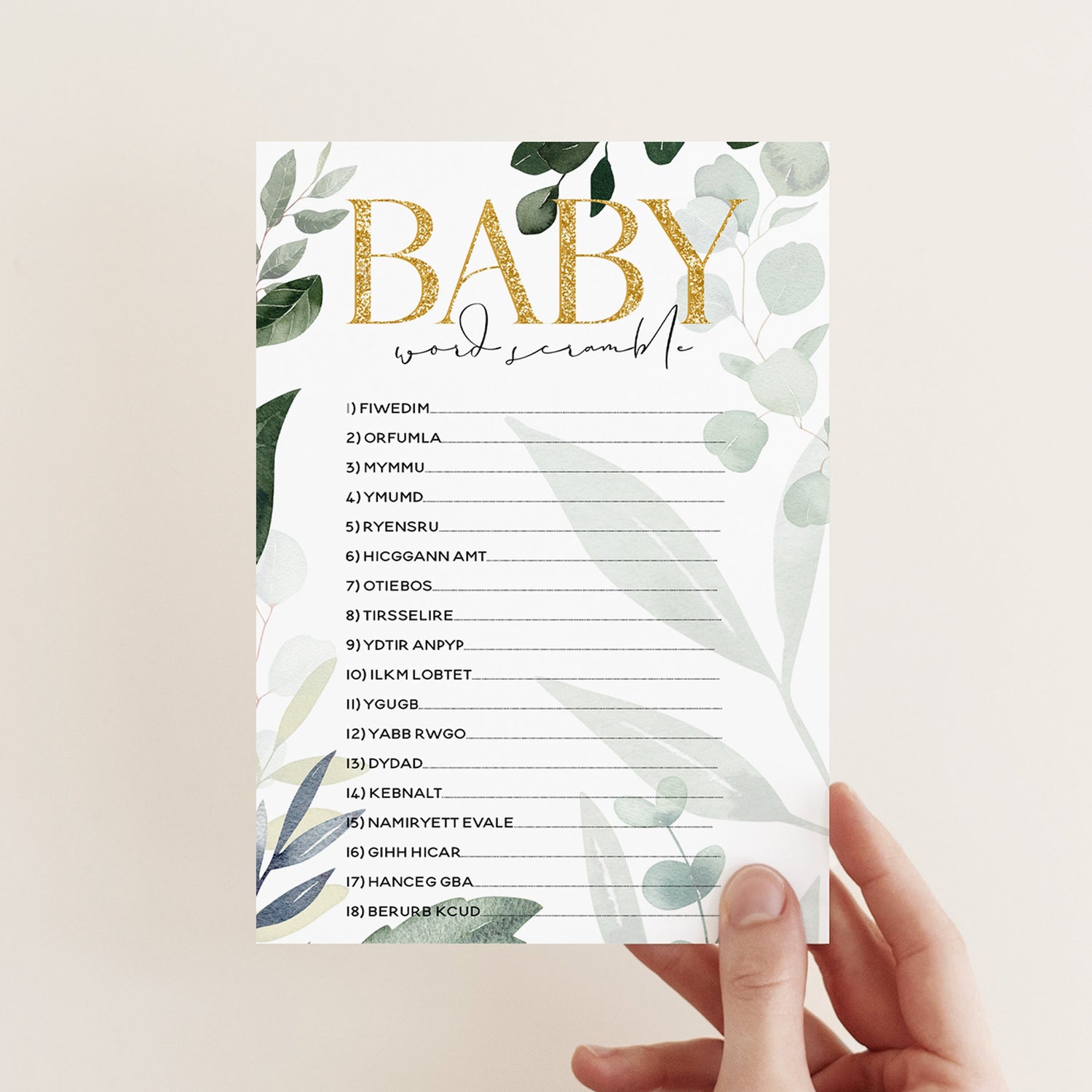 Baby Shower Botanical Leaf Word Scramble Game Cards