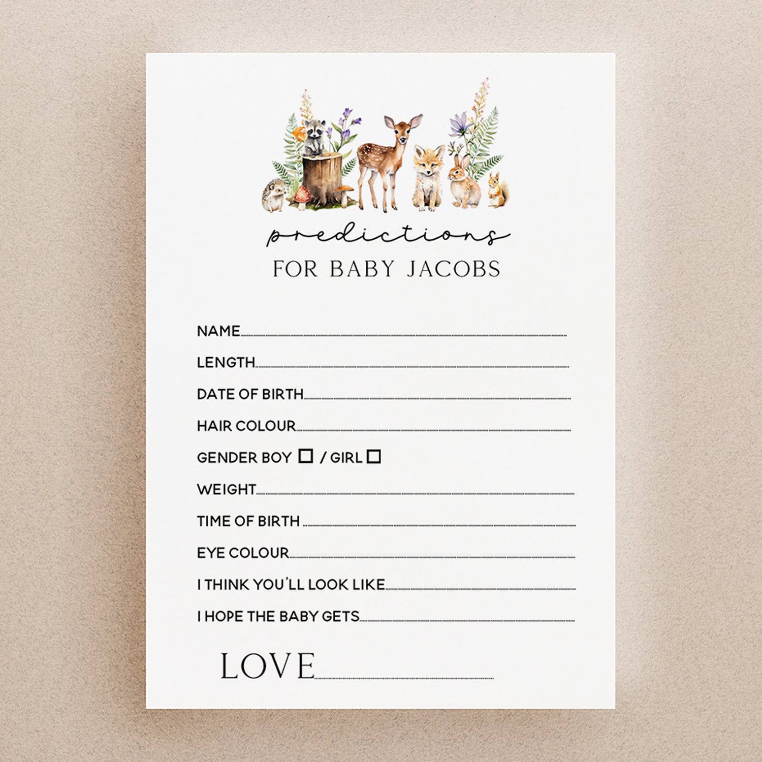 Personalised Baby Shower Woodland Predictions