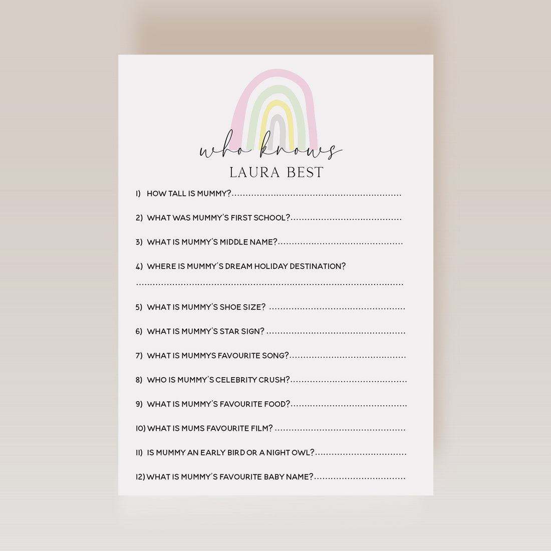 Personalised Scandi Rainbow Baby Shower Who Knows Mummy Best Cards