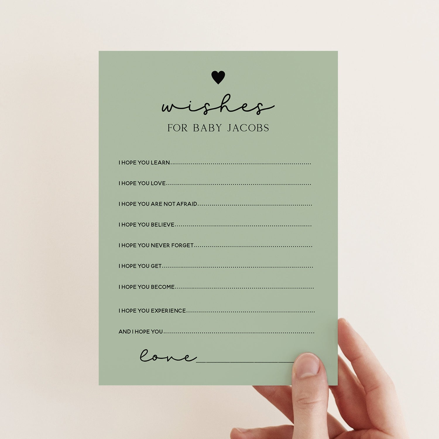 Personalised Sage Green Minimal  Heart Baby Shower Wishes For Baby Cards