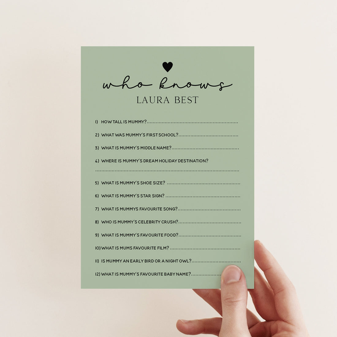 Baby Shower Games-Who Knows Mummy Best Game Cards-Personalised Baby Shower Games-Sage Green Heart Theme-Gender Neutral Unisex-New Mum Gift