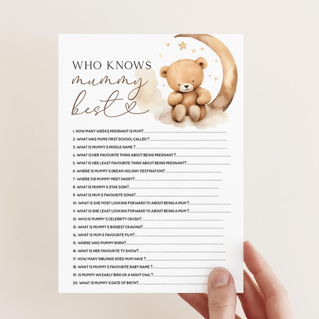 Who Knows Mummy Best Baby Shower Game Cards-Teddy Bear Baby Shower-Neutral Theme-Baby Shower Games-Bear and Moon Design-Baby Sprinkle