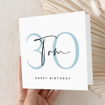 Personalised Blue Script 30th Birthday Card