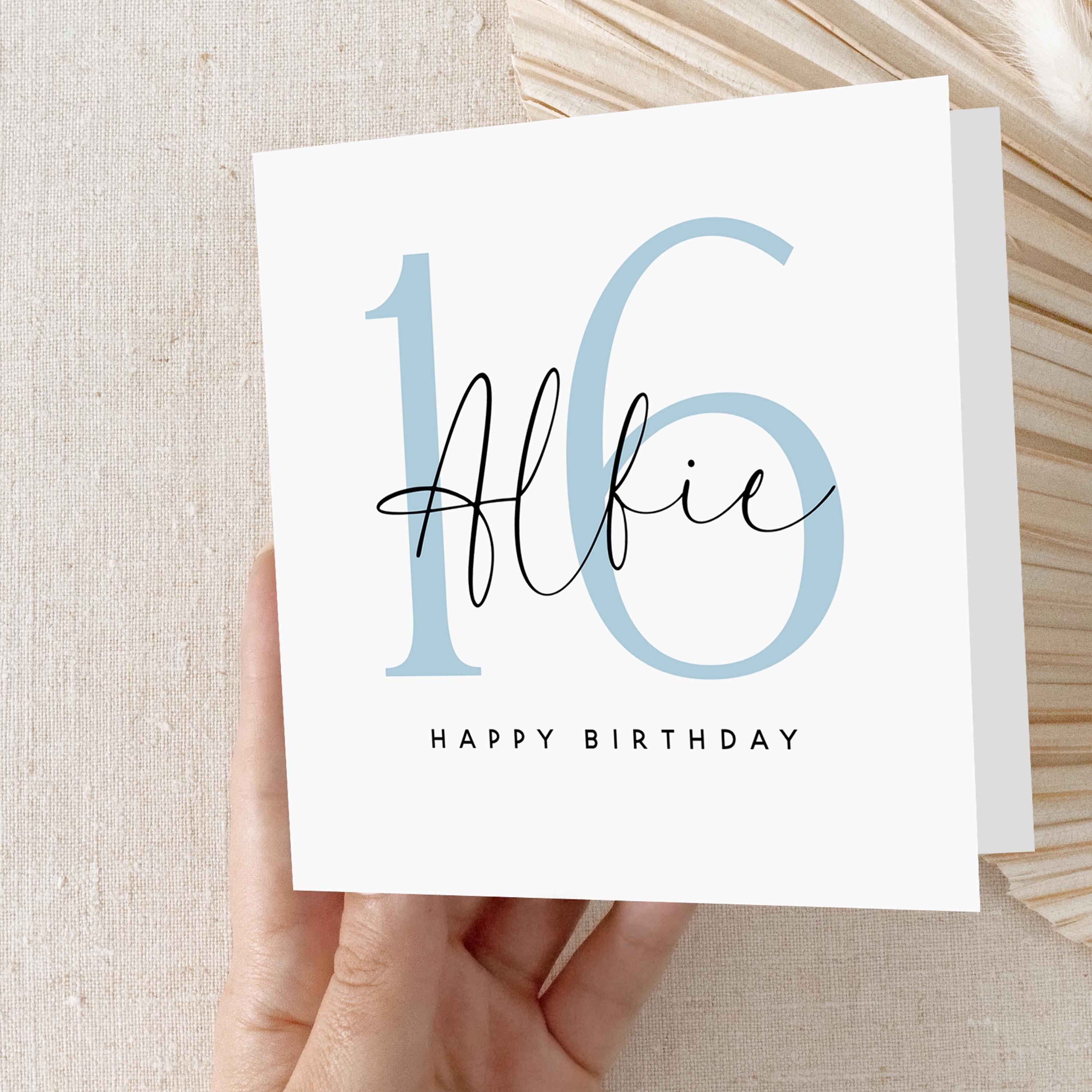 Personalised Blue Script 16th Birthday Card