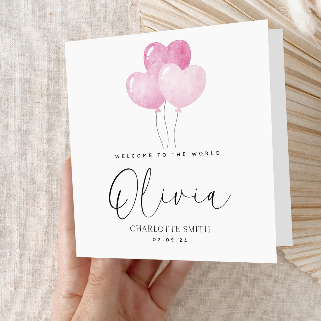 Pink Heart Balloon Welcome To The World Personalised New Baby Girl Card