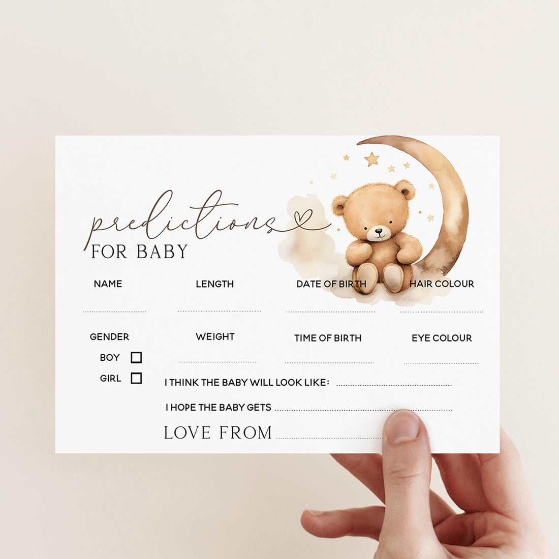 Baby Prediction Cards-Teddy Bear Baby Shower-Neutral Theme-Baby Shower Games-Bear and Moon Design-Baby Sprinkle-Guess The Baby Weight Date