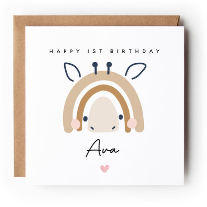 Personalised 1st Birthday Cute Giraffe Rainbow Card