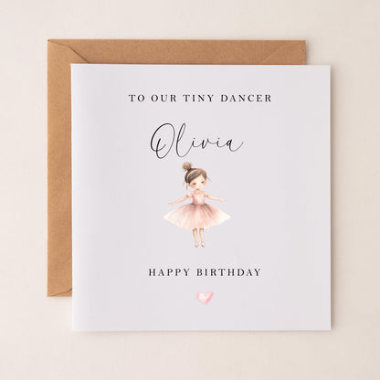 Personalised Girls Brown Haired Ballet Dancer Birthday Card