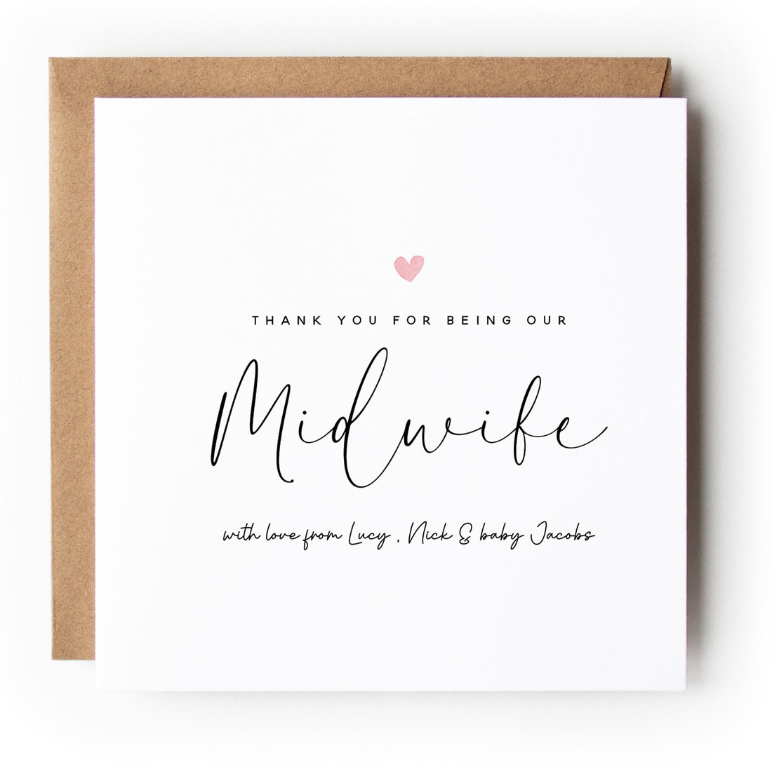 Personalised Midwife Thank You Card Minimal Script Pink HEart Design