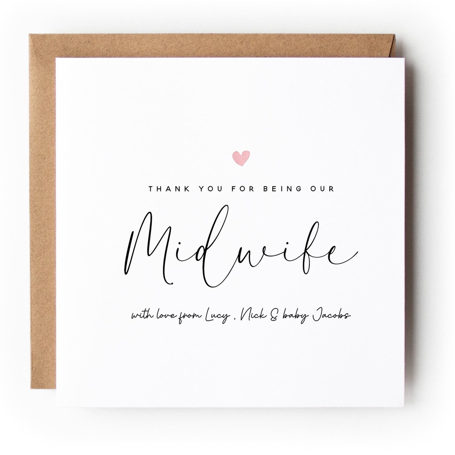 Personalised Midwife Thank You Card Minimal Script Pink HEart Design