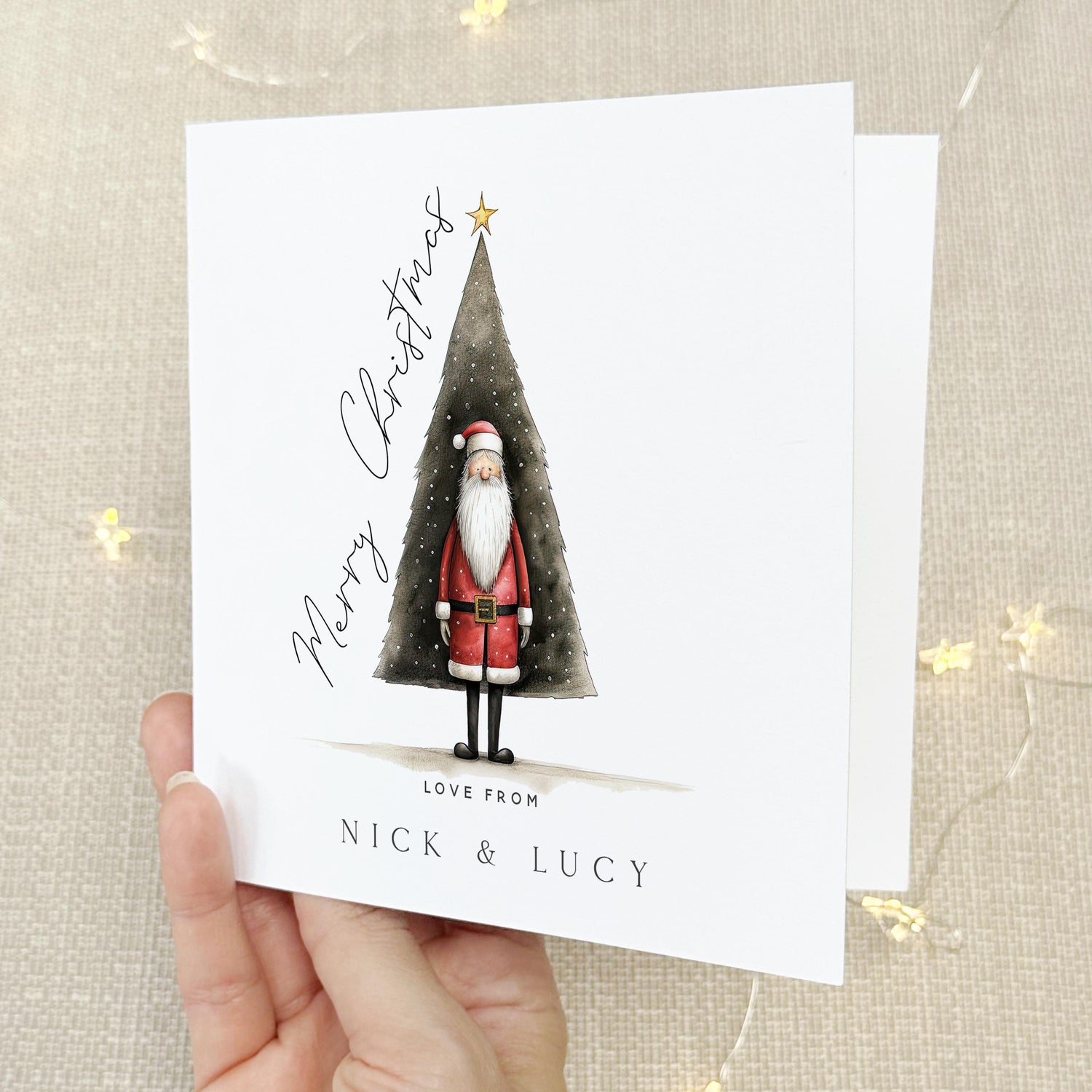 Personalised Santa Hiding Behind Christmas Tree Card