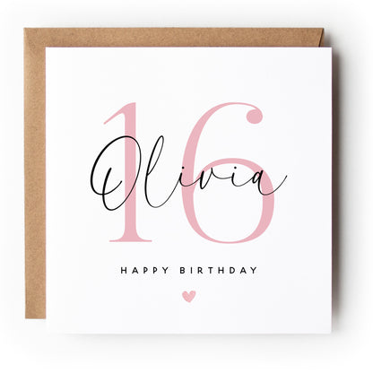 Personalised Pink Script 16th Birthday Card