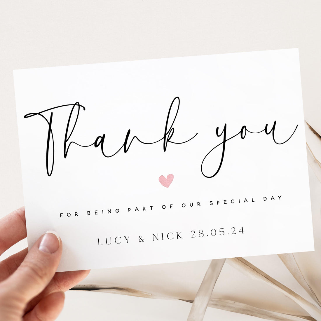 Personalised Wedding Thank You Cards Pink Heart Black & white Script