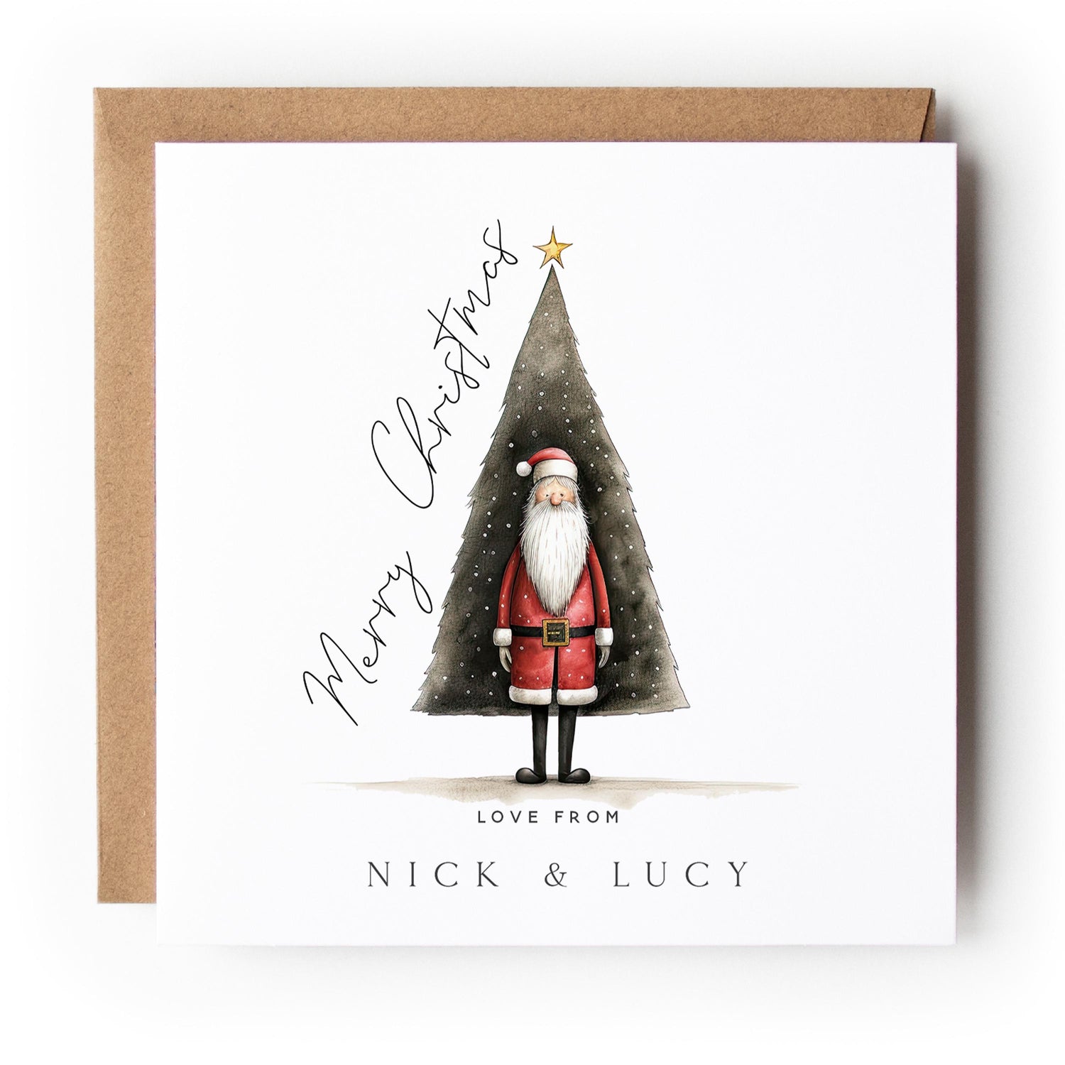 Personalised Santa Hiding Behind Christmas Tree Card