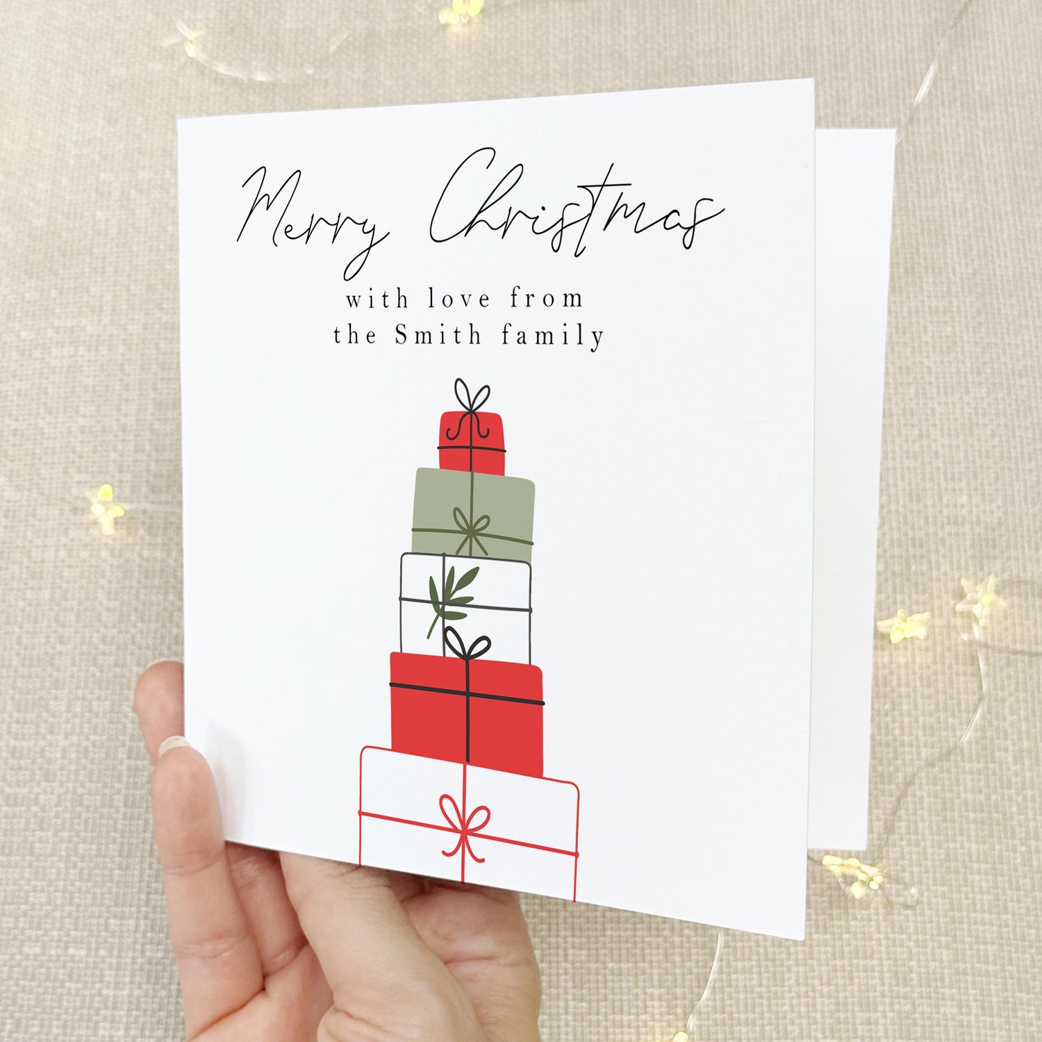 Stacked Presents Personalised Scandi Christmas Card