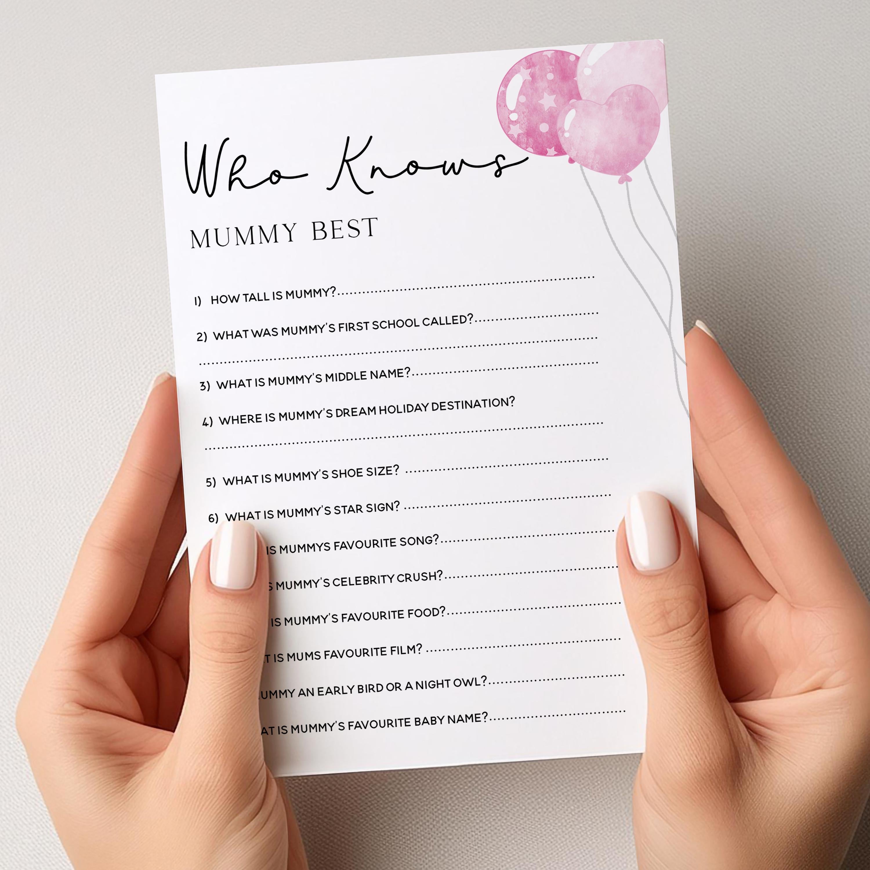 Pink Who Knows Mummy Best Game Cards-Pink Balloon Baby Shower Cards-Baby Shower Games Girl-Baby Shower Card-Baby Shower Game Pack Pink