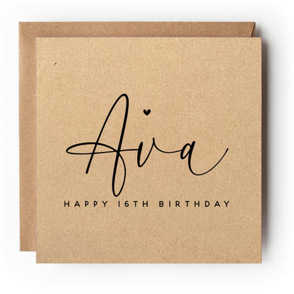Personalised 16th Birthday Card, Special Milestone Card, Birthday For Daughter, Wife, Friend, Script Font 16, Sixteen Minimal-Kraft Envelope
