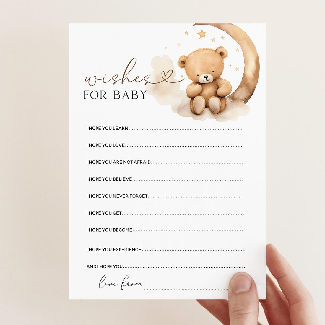 Teddy Bear Baby Shower- Wishes For Baby Game Cards- Neutral Theme-Baby Shower Games-Bear and Moon Design-Baby Sprinkle