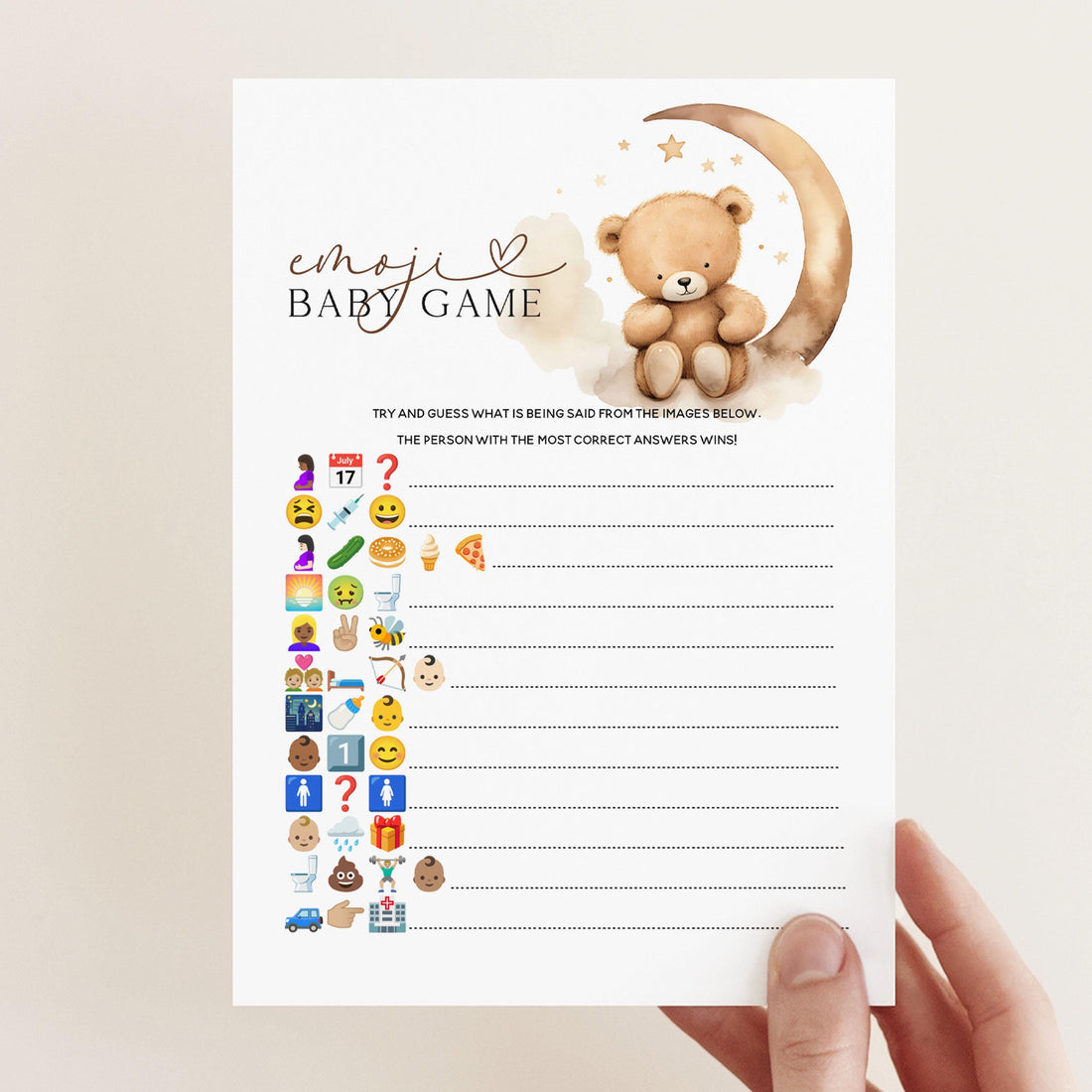 Teddy Bear Baby Shower Emoji Game -Neutral Theme-Baby Shower Games-Bear and Moon Design-Baby Sprinkle