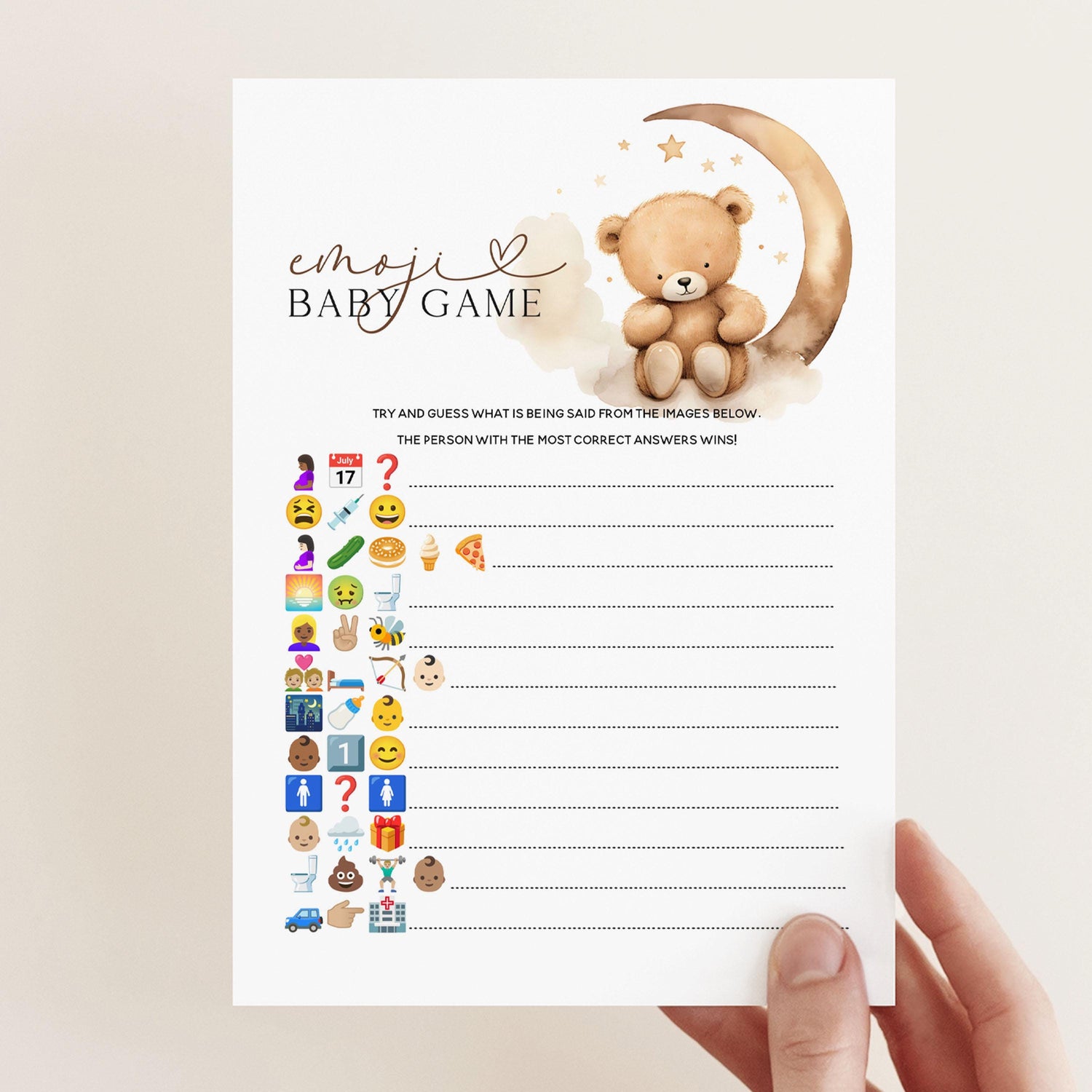Teddy Bear Baby Shower Emoji Game -Neutral Theme-Baby Shower Games-Bear and Moon Design-Baby Sprinkle