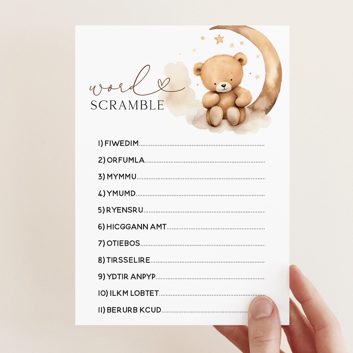 Teddy Bear Baby Shower Word Scramble Game -Neutral Theme-Baby Shower Games-Bear and Moon Design-Baby Sprinkle