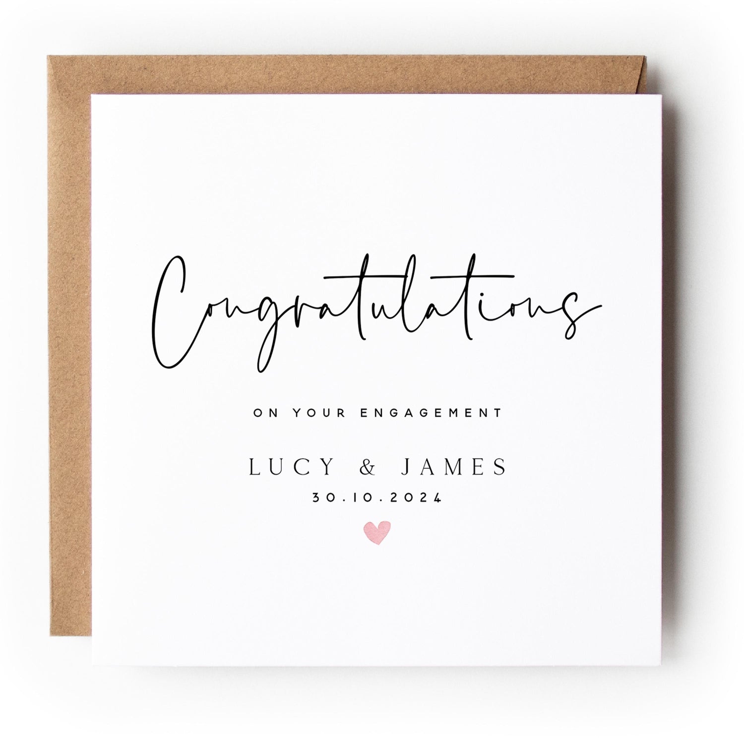 Personalised Engagement Card, Congratulations on Your Engagement, Engagement Keepsake Gift, Minimal Heart, 6 x 6 Card, Kraft Envelope